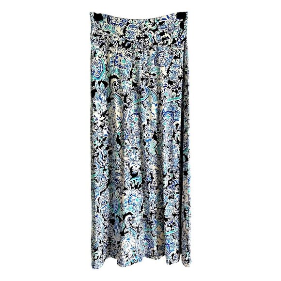 Cynthia Rowley Paisley Print Boho Long Maxi Skirt Blue Turquoise Black White Med - Picture 1 of 6